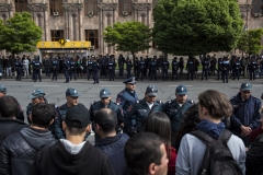 Police officers line up against the demonstrators who protests because of the election of the prime minister. April 28, 2018 Yerevan-Armenia.