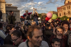 People are celebrating the prime minister Serzh Sargsyan resign at Republic square. This was the country's biggest political upheaval since 1991. April 23, 2018, Yerevan-Armenia.